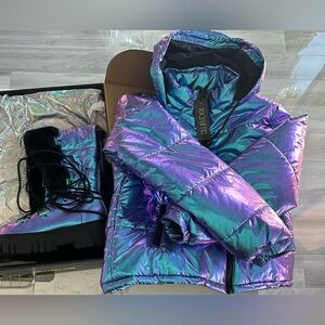 Dolls Kill matching puffer thigh boots & puffer jacket. Brand new with tags.